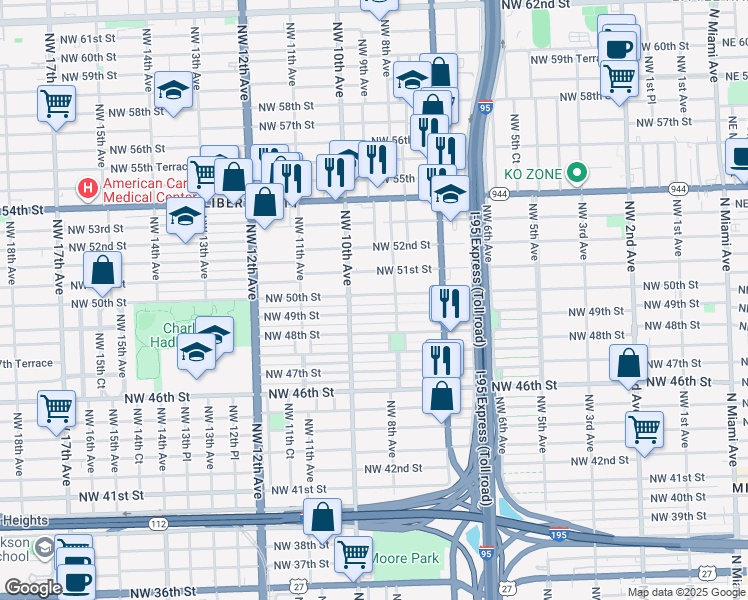 map of restaurants, bars, coffee shops, grocery stores, and more near 900 Northwest 50th Street in Miami