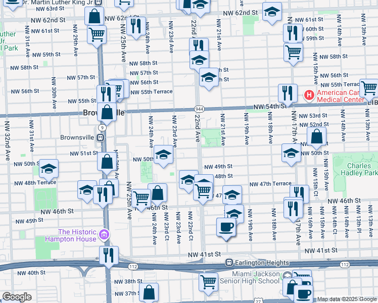 map of restaurants, bars, coffee shops, grocery stores, and more near 2240 Northwest 51st Street in Miami