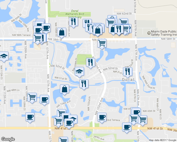 map of restaurants, bars, coffee shops, grocery stores, and more near 10249 Northwest 52nd Terrace in Doral