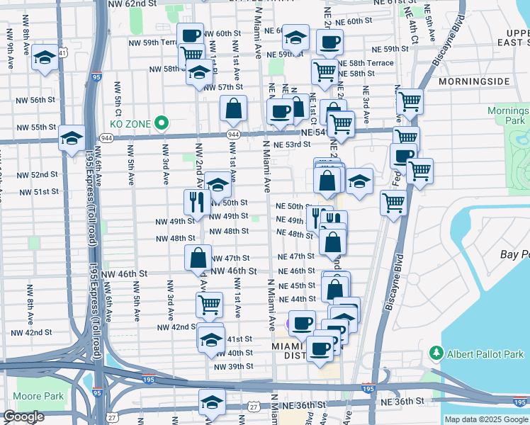map of restaurants, bars, coffee shops, grocery stores, and more near 13 Northwest 49th Street in Miami