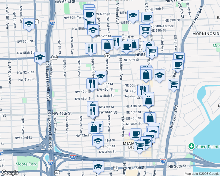 map of restaurants, bars, coffee shops, grocery stores, and more near 93 Northwest 49th Street in Miami