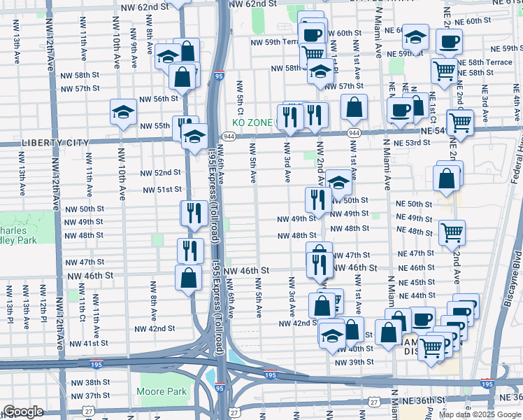 map of restaurants, bars, coffee shops, grocery stores, and more near 4945 Northwest 5th Avenue in Miami