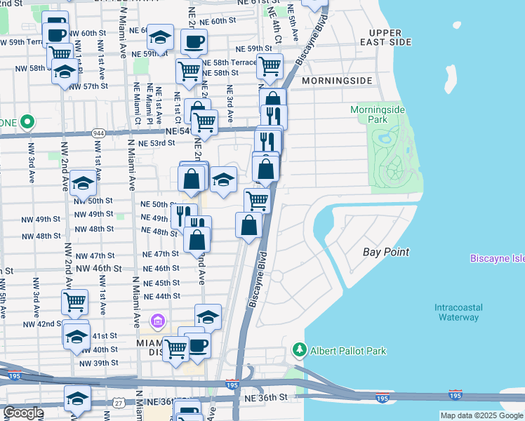 map of restaurants, bars, coffee shops, grocery stores, and more near 540 Northeast 50th Street in Miami