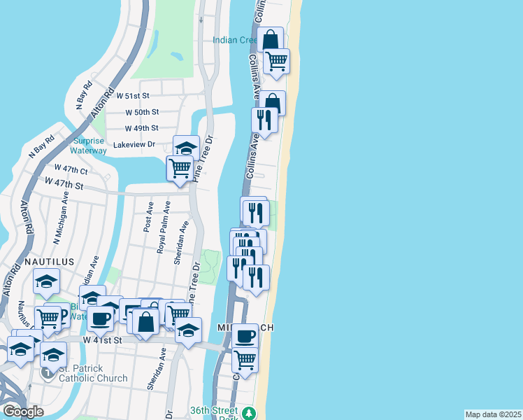 map of restaurants, bars, coffee shops, grocery stores, and more near 4621 Collins Avenue in Miami Beach