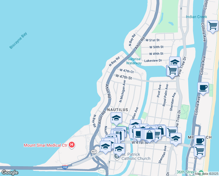 map of restaurants, bars, coffee shops, grocery stores, and more near 4535 Alton Road in Miami Beach