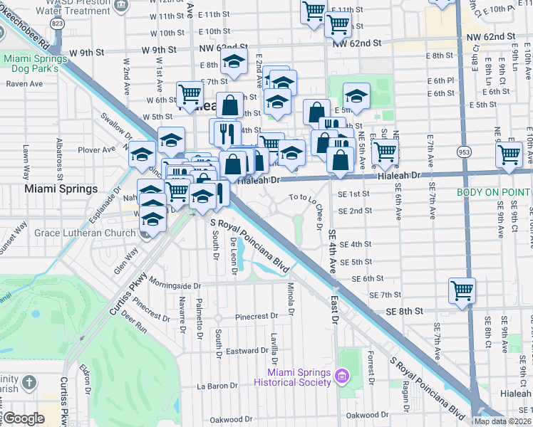 map of restaurants, bars, coffee shops, grocery stores, and more near 280 Eucalyptus Drive in Hialeah