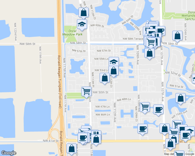 map of restaurants, bars, coffee shops, grocery stores, and more near 11341 Northwest 52nd Street in Doral