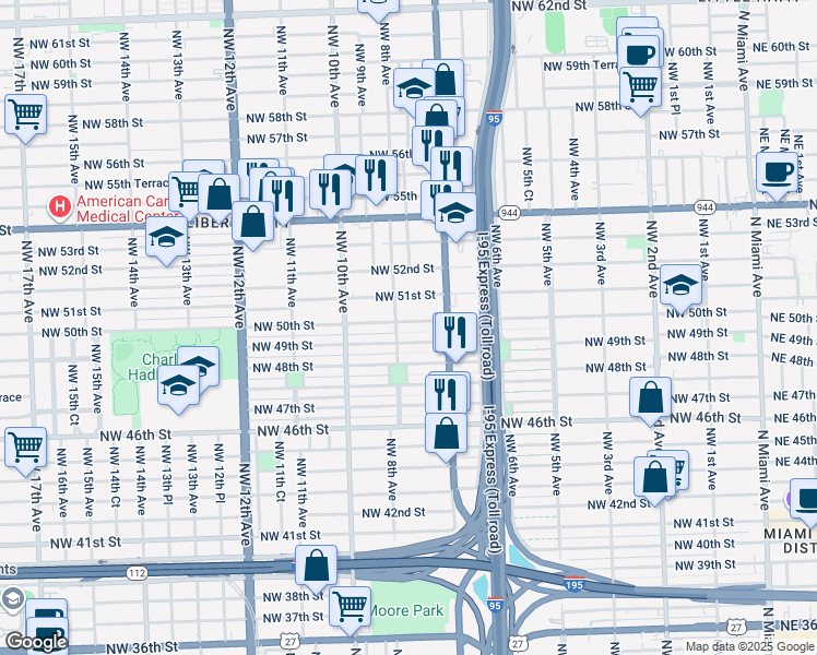 map of restaurants, bars, coffee shops, grocery stores, and more near 770 Northwest 50th Street in Miami
