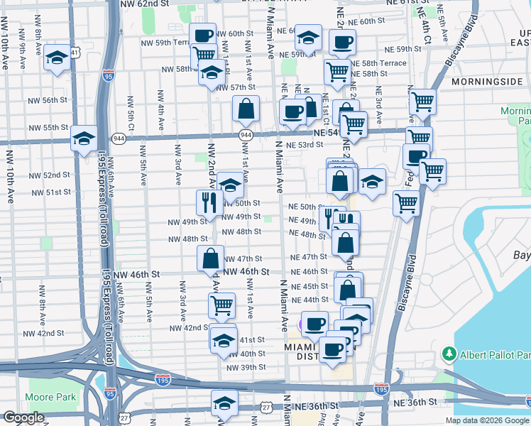 map of restaurants, bars, coffee shops, grocery stores, and more near 13 Northwest 49th Street in Miami