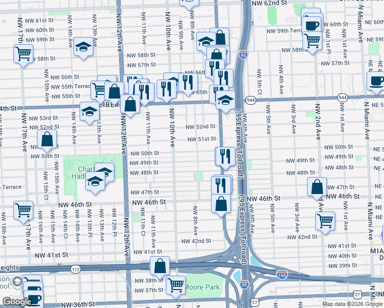 map of restaurants, bars, coffee shops, grocery stores, and more near 900 Northwest 50th Street in Miami