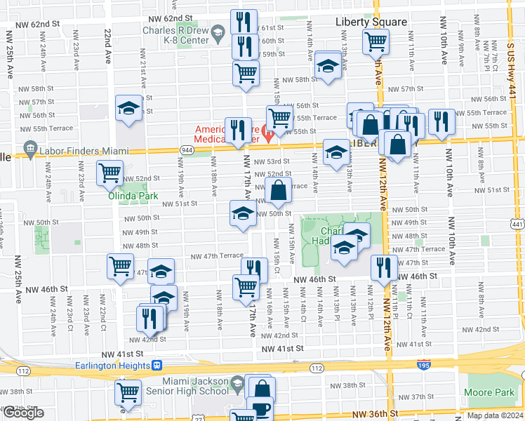 map of restaurants, bars, coffee shops, grocery stores, and more near 1537 Northwest 50th Street in Miami