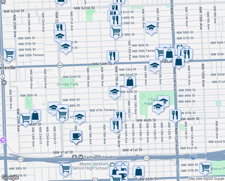 map of restaurants, bars, coffee shops, grocery stores, and more near 1705 Northwest 50th Street in Miami