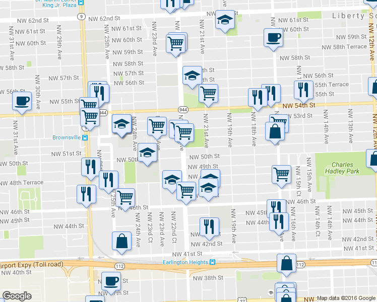 map of restaurants, bars, coffee shops, grocery stores, and more near 2172 Northwest 51st Street in Miami