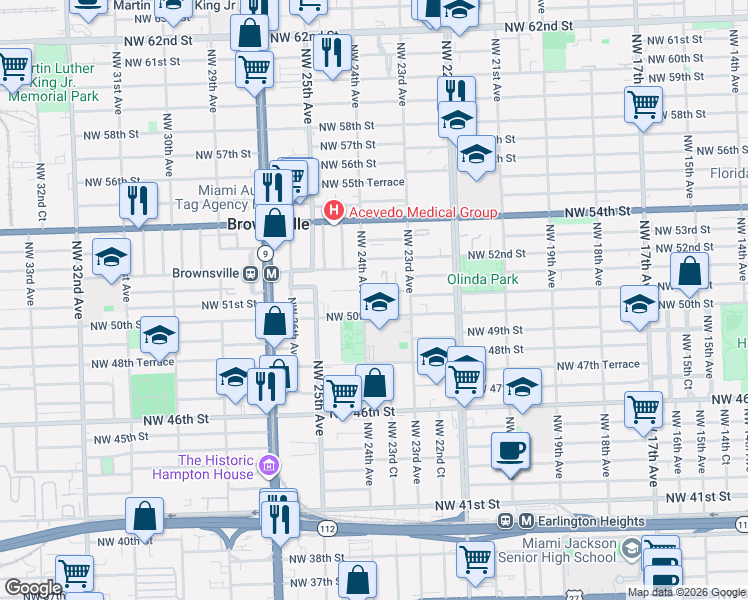 map of restaurants, bars, coffee shops, grocery stores, and more near 2390 Northwest 51st Street in Miami