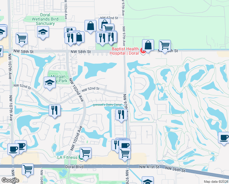 map of restaurants, bars, coffee shops, grocery stores, and more near 9771 Northwest 51st Lane in Doral