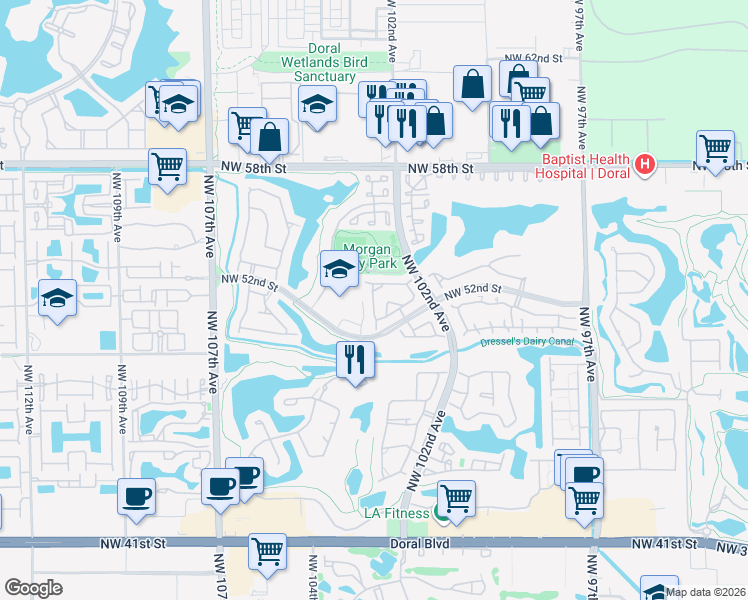 map of restaurants, bars, coffee shops, grocery stores, and more near 10249 Northwest 52nd Terrace in Doral