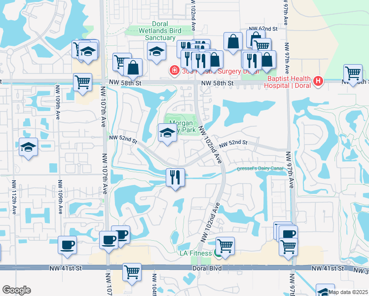 map of restaurants, bars, coffee shops, grocery stores, and more near 10249 Northwest 52nd Terrace in Doral