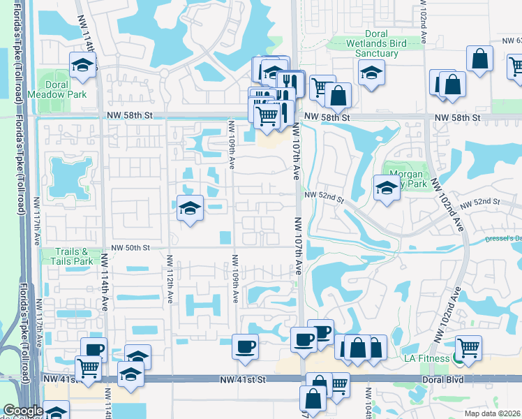 map of restaurants, bars, coffee shops, grocery stores, and more near 10819 Northwest 51st Lane in Doral