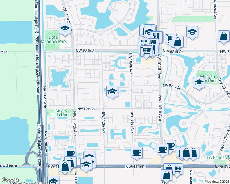 map of restaurants, bars, coffee shops, grocery stores, and more near 5225 Northwest 112th Avenue in Doral