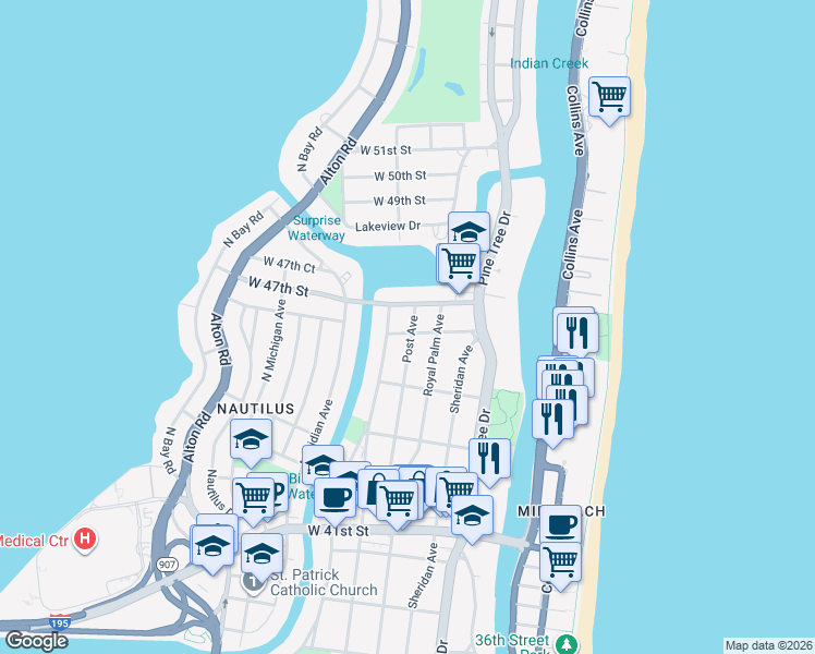 map of restaurants, bars, coffee shops, grocery stores, and more near 605 West 46th Street in Miami Beach