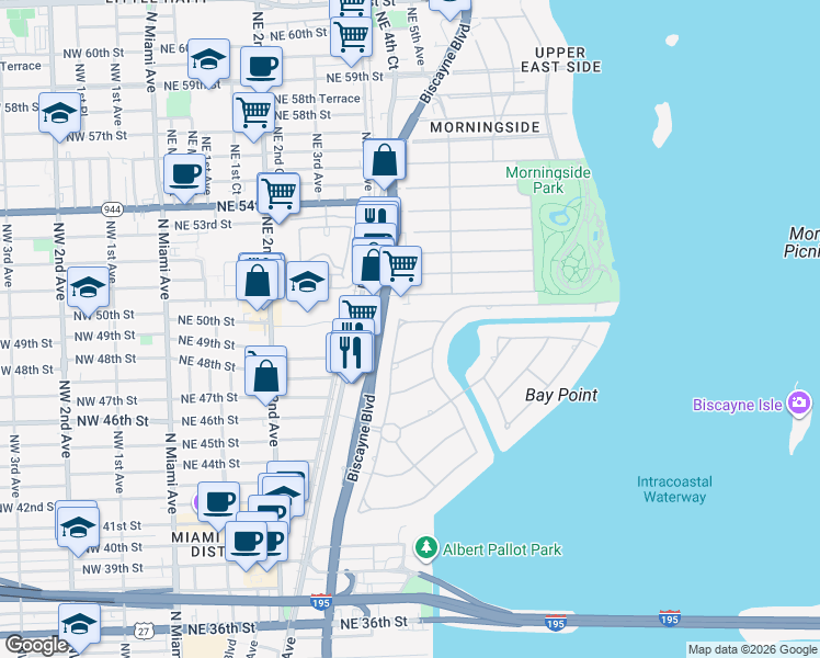 map of restaurants, bars, coffee shops, grocery stores, and more near 4760 Bay Point Road in Miami