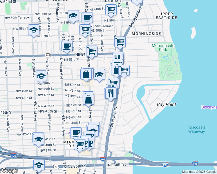 map of restaurants, bars, coffee shops, grocery stores, and more near 540 Northeast 50th Street in Miami
