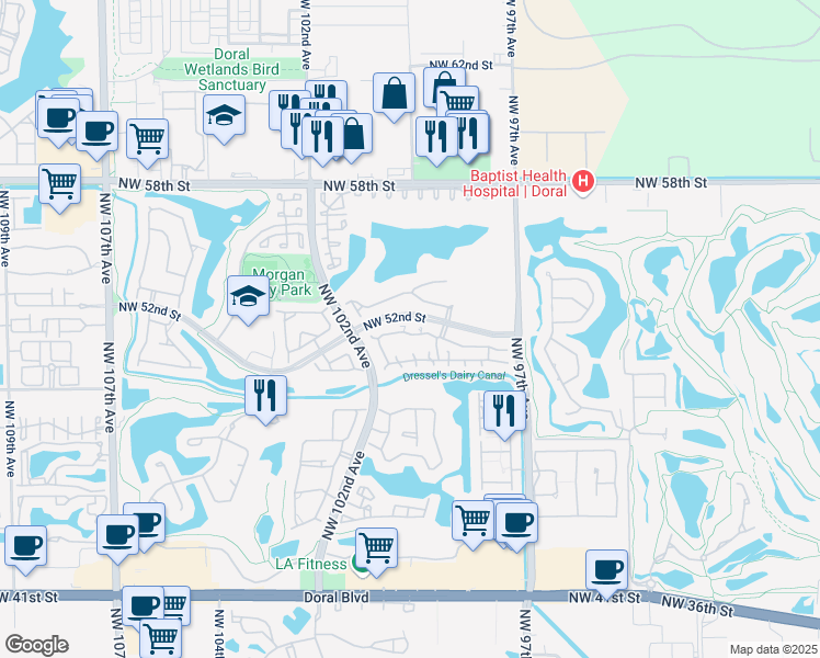 map of restaurants, bars, coffee shops, grocery stores, and more near 10001 Northwest 51st Lane in Doral