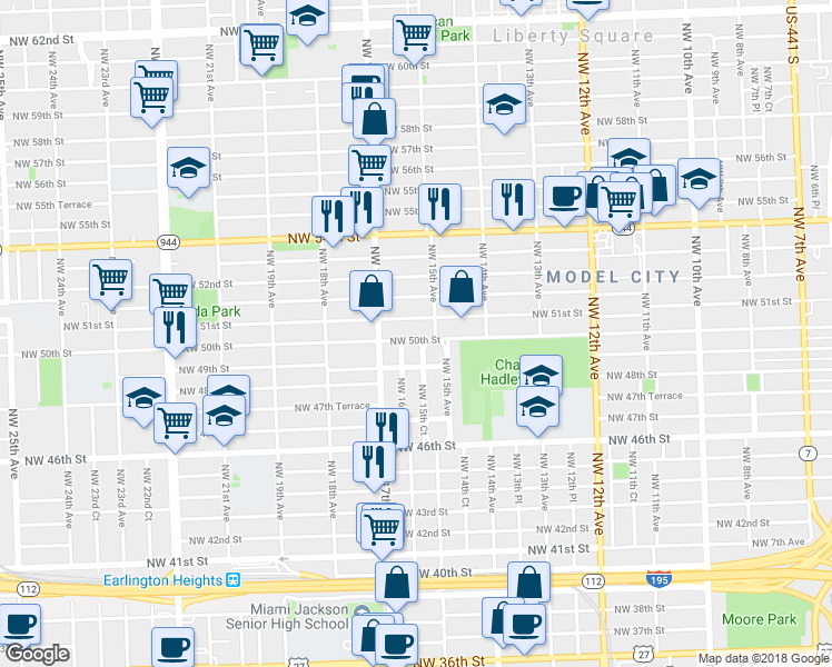 map of restaurants, bars, coffee shops, grocery stores, and more near 1537 Northwest 50th Street in Miami
