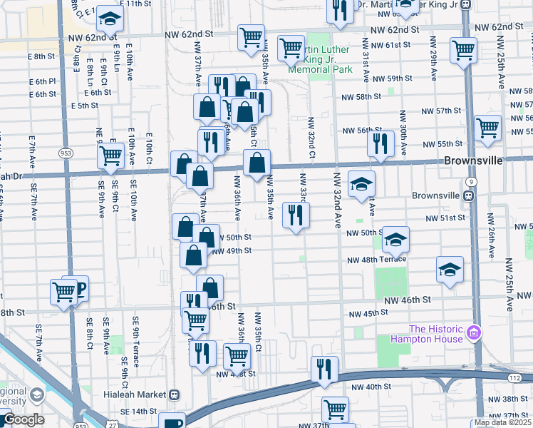 map of restaurants, bars, coffee shops, grocery stores, and more near 3501 Northwest 51st Street in Miami