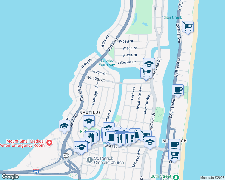 map of restaurants, bars, coffee shops, grocery stores, and more near 4590 Meridian Avenue in Miami Beach