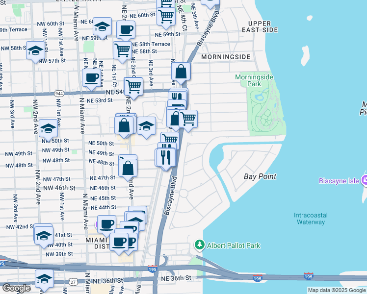 map of restaurants, bars, coffee shops, grocery stores, and more near 4760 Bay Point Road in Miami
