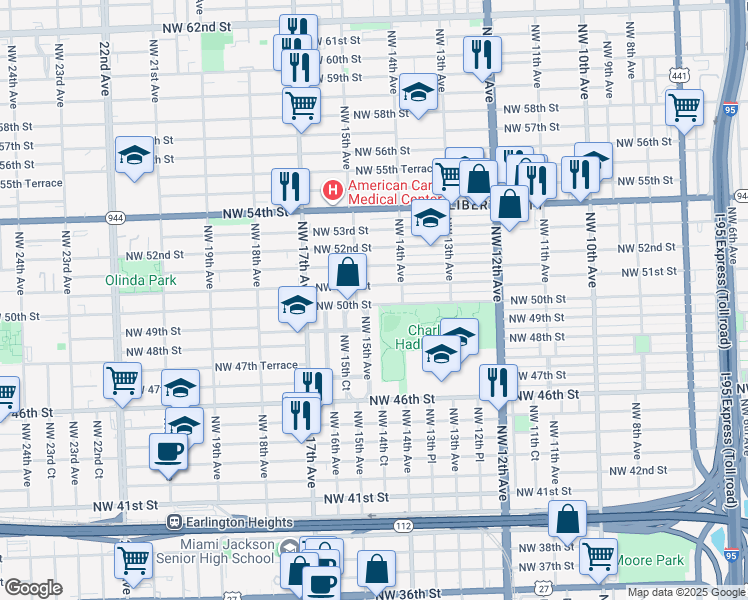 map of restaurants, bars, coffee shops, grocery stores, and more near 1457 Northwest 50th Street in Miami