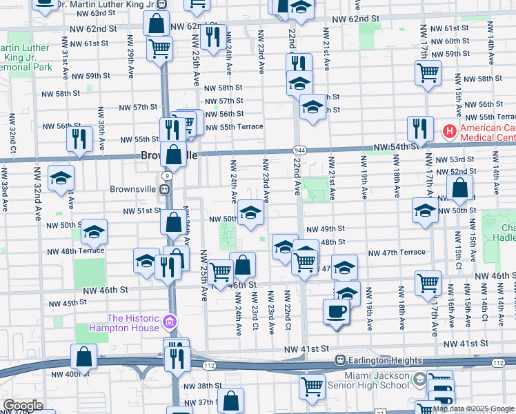 map of restaurants, bars, coffee shops, grocery stores, and more near 2320 Northwest 51st Street in Miami