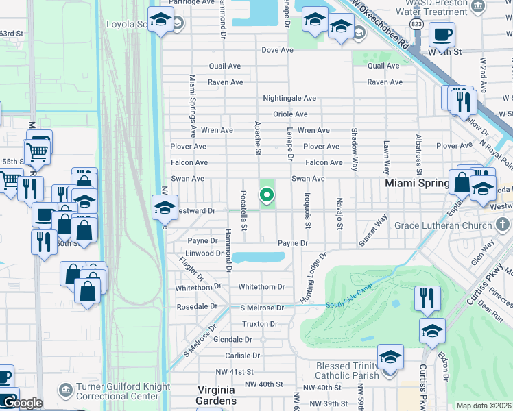 map of restaurants, bars, coffee shops, grocery stores, and more near 1505 Westward Drive in Miami Springs