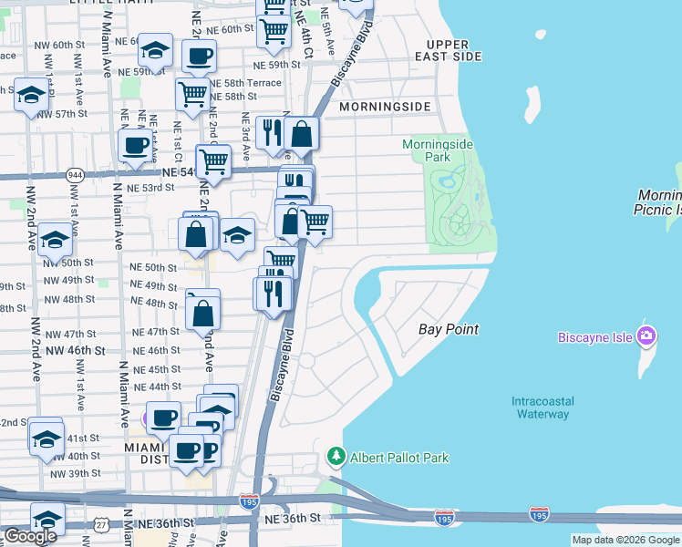 map of restaurants, bars, coffee shops, grocery stores, and more near 560 Bay Point Road in Miami