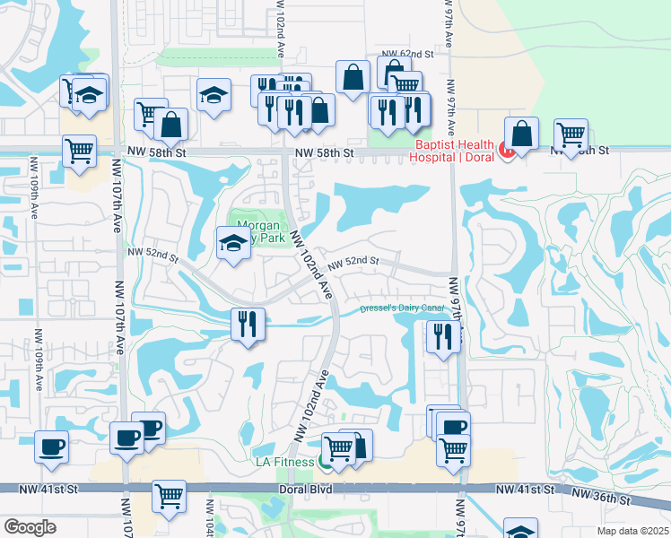 map of restaurants, bars, coffee shops, grocery stores, and more near 10151 Northwest 51st Lane in Doral