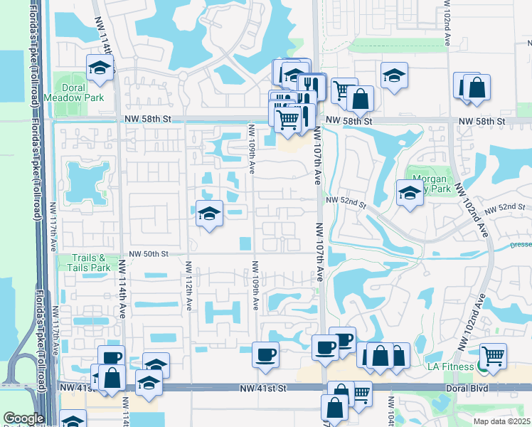 map of restaurants, bars, coffee shops, grocery stores, and more near 10873 Northwest 51st Lane in Doral