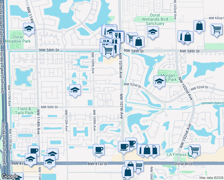 map of restaurants, bars, coffee shops, grocery stores, and more near 10807 Northwest 51st Lane in Doral
