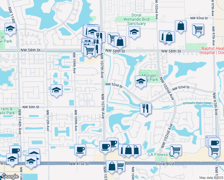 map of restaurants, bars, coffee shops, grocery stores, and more near 5156 Northwest 106th Avenue in Doral