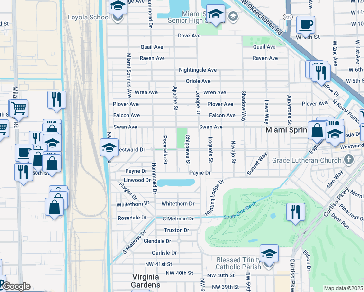 map of restaurants, bars, coffee shops, grocery stores, and more near 1401 Westward Drive in Miami Springs