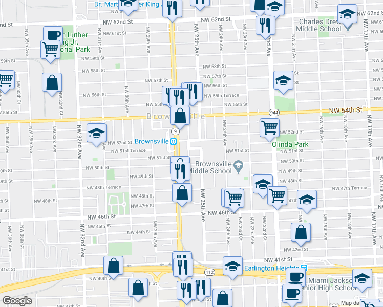 map of restaurants, bars, coffee shops, grocery stores, and more near 2535 Northwest 51st Street in Miami