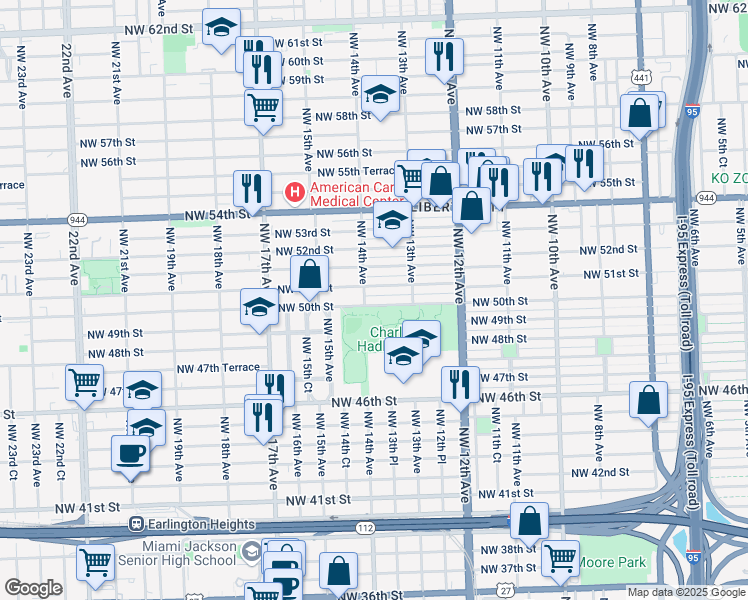 map of restaurants, bars, coffee shops, grocery stores, and more near 1385 Northwest 50th Street in Miami