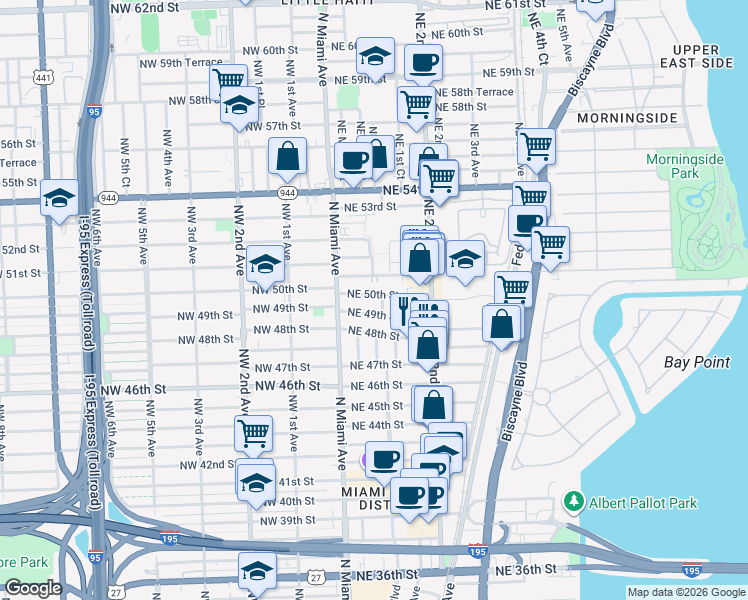 map of restaurants, bars, coffee shops, grocery stores, and more near 60 Northeast 50th Street in Miami