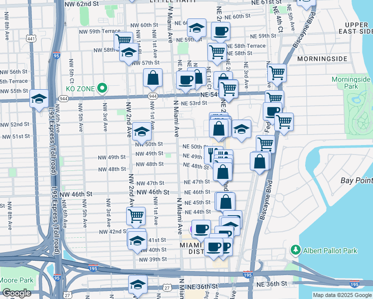 map of restaurants, bars, coffee shops, grocery stores, and more near 60 Northeast 50th Street in Miami