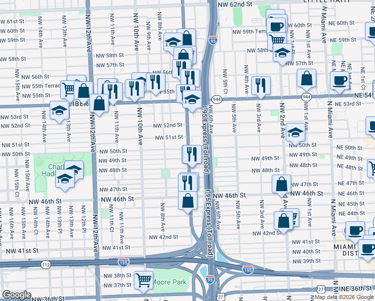 map of restaurants, bars, coffee shops, grocery stores, and more near in Miami