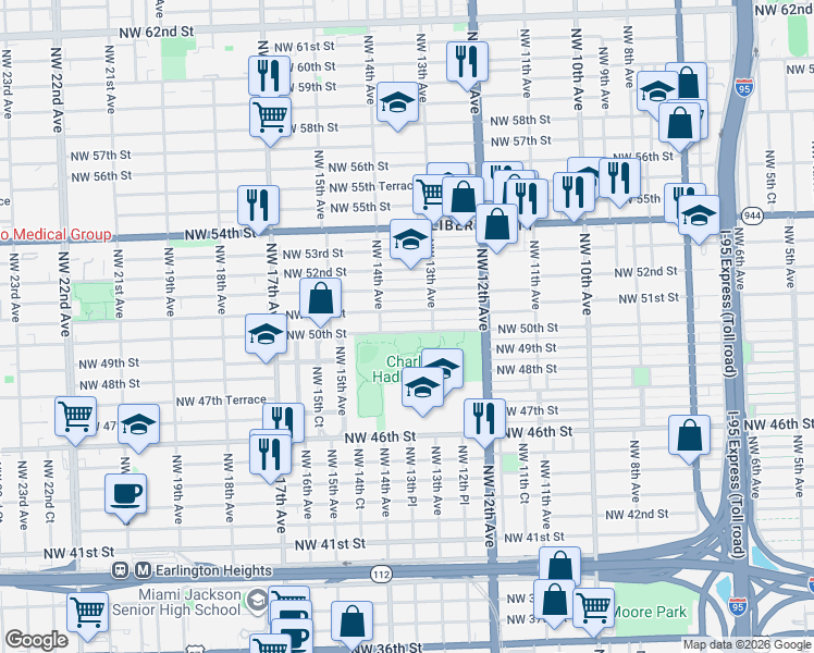 map of restaurants, bars, coffee shops, grocery stores, and more near 1305 Northwest 50th Street in Miami