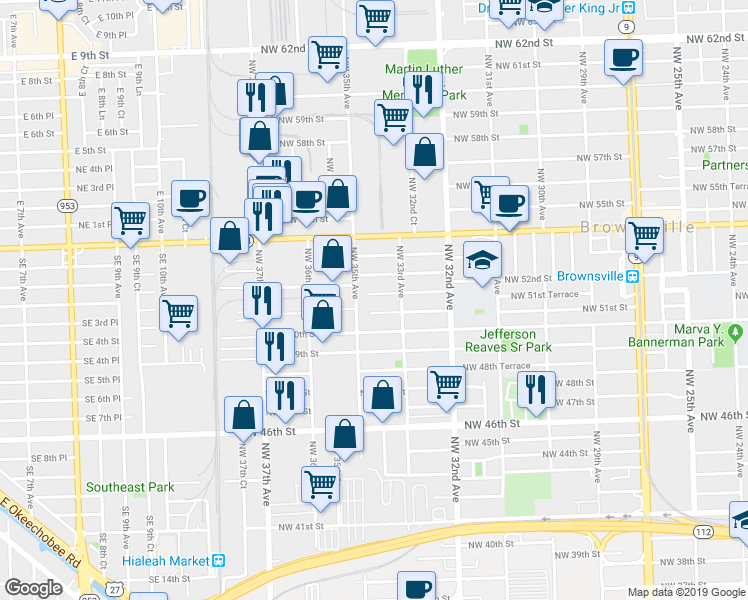 map of restaurants, bars, coffee shops, grocery stores, and more near 3326 Northwest 51st Terrace in Miami