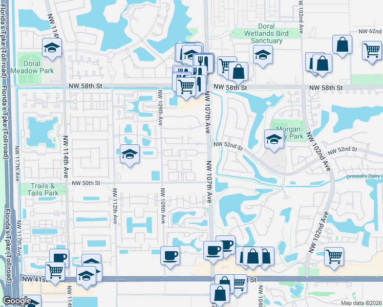 map of restaurants, bars, coffee shops, grocery stores, and more near 10819 Northwest 51st Lane in Doral
