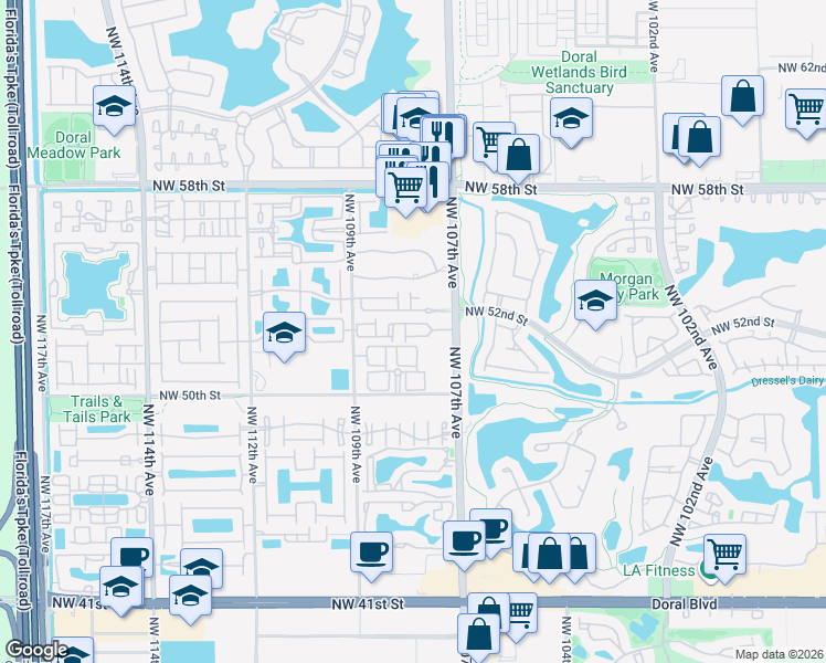 map of restaurants, bars, coffee shops, grocery stores, and more near 10819 Northwest 51st Lane in Doral