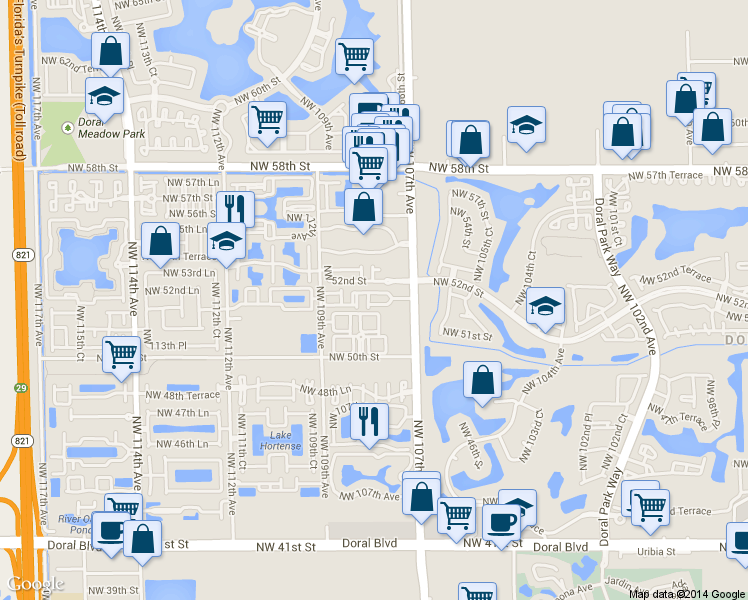 map of restaurants, bars, coffee shops, grocery stores, and more near 10819 Northwest 51st Lane in Doral